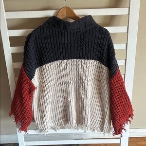 Santa Sofia Colorblock Turtleneck Chunky Sweater Orange, Gray, Cream Medium